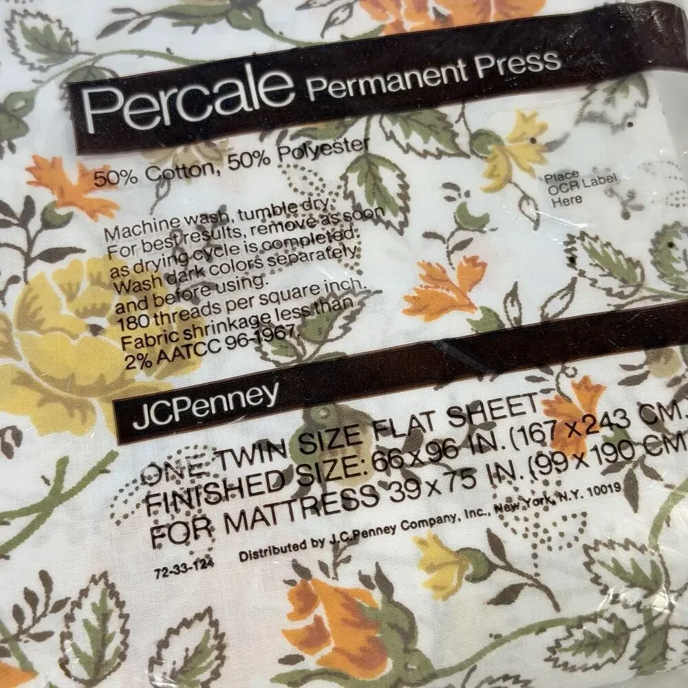 Vintage No Iron Twin Flat Sheet JCPenney Percale Floral Brown Orange White NEW